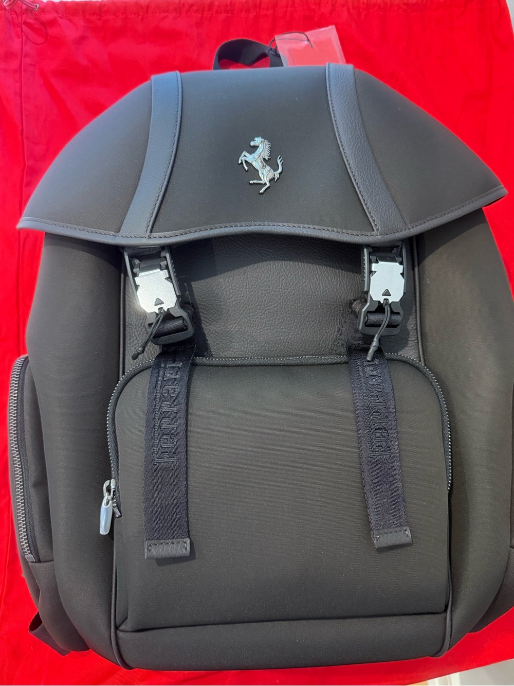 Ferrari Black Men's Backpack with Silver Prancing Horse Emblem